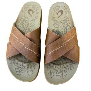 OluKai Kīpe‘a ‘Olu Women’s Leather Slide Sandals - Sahara (Brown) Size 7
